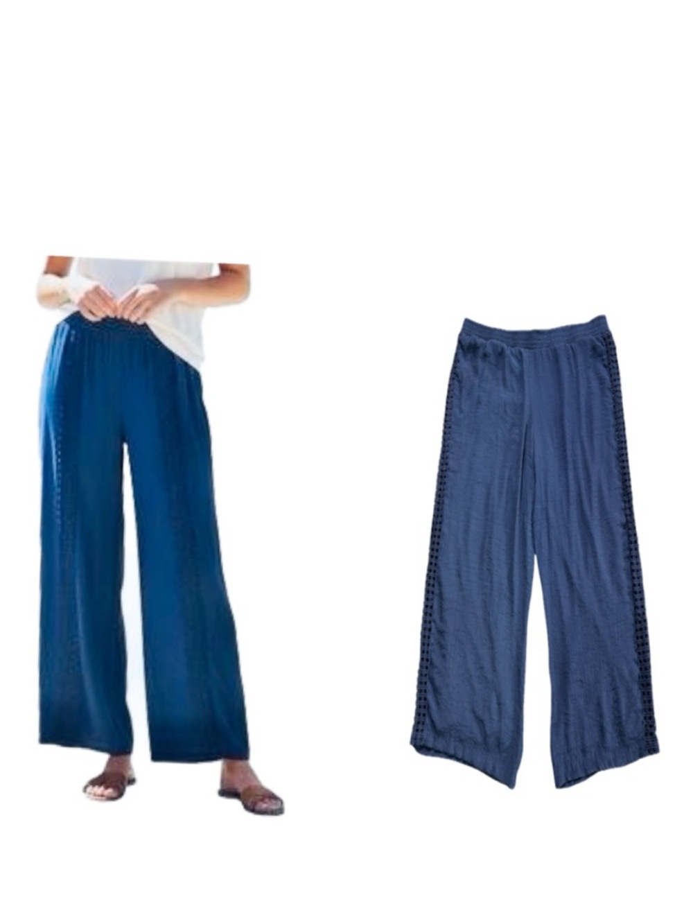 New Directions Navy Blue Wide Leg Pull On Pants, Crochet Eyelet Lace Panels, XL